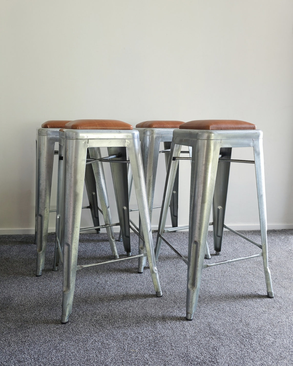 Set of 4 Vintage Galvanised Steel Bar Stools with Tan Leather Seat