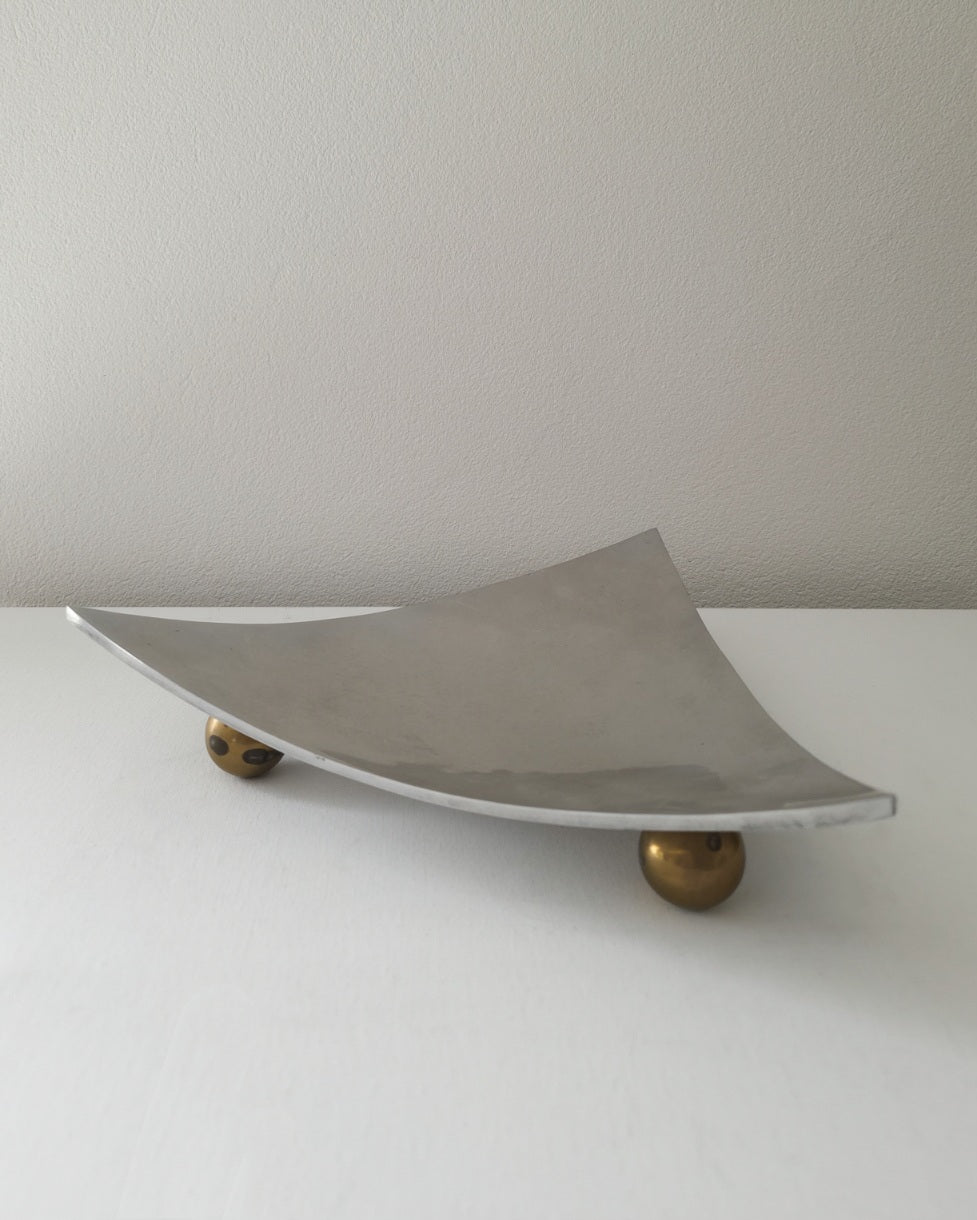 Vintage Parisian Brushed Aluminium Dish with Brass Ball Feet