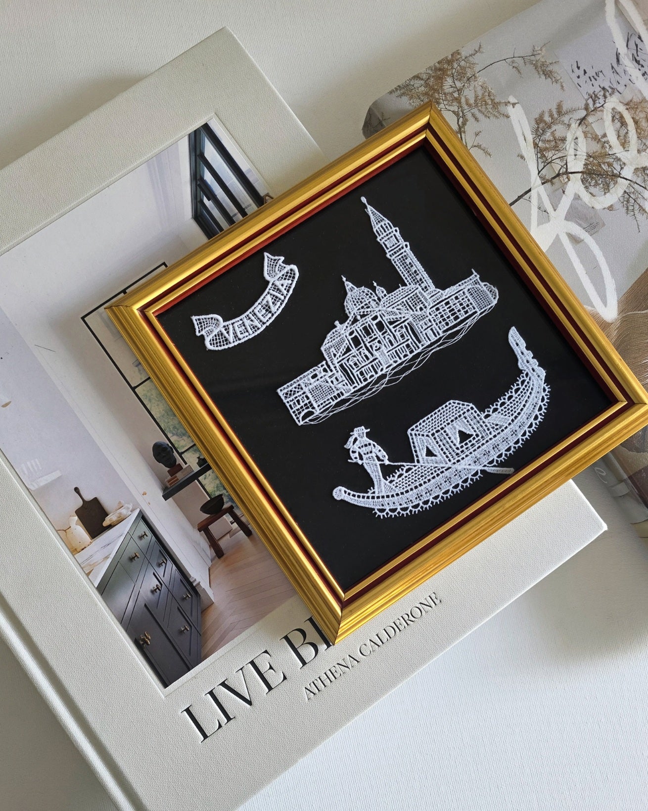 Hand Embroidered Lace Framed Artwork of Venice Scenes