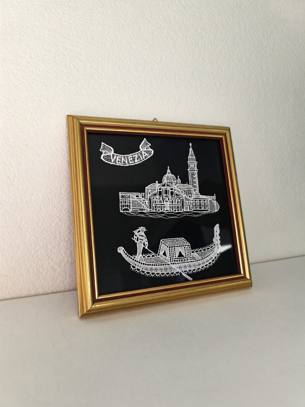 Hand Embroidered Lace Framed Artwork of Venice Scenes