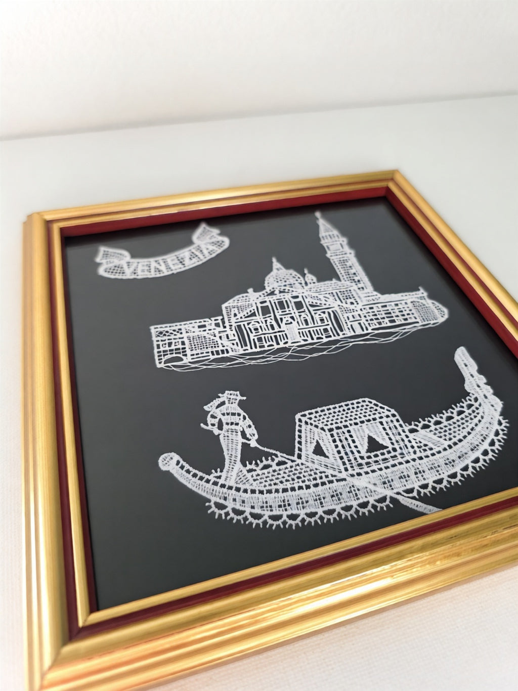 Hand Embroidered Lace Framed Artwork of Venice Scenes
