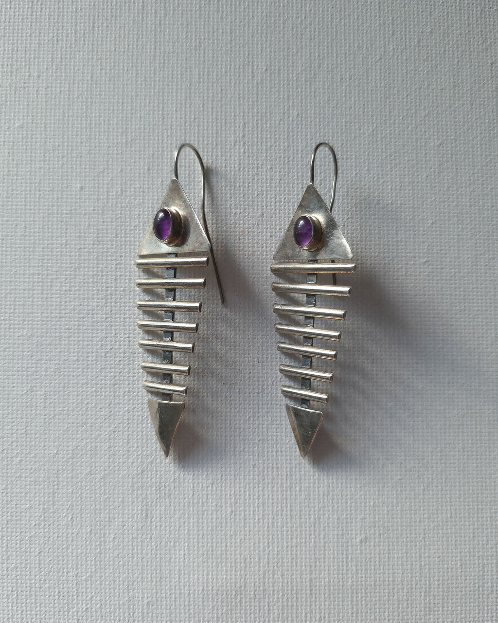 Handmade Sterling Silver & Amethyst Fish Bone Earrings