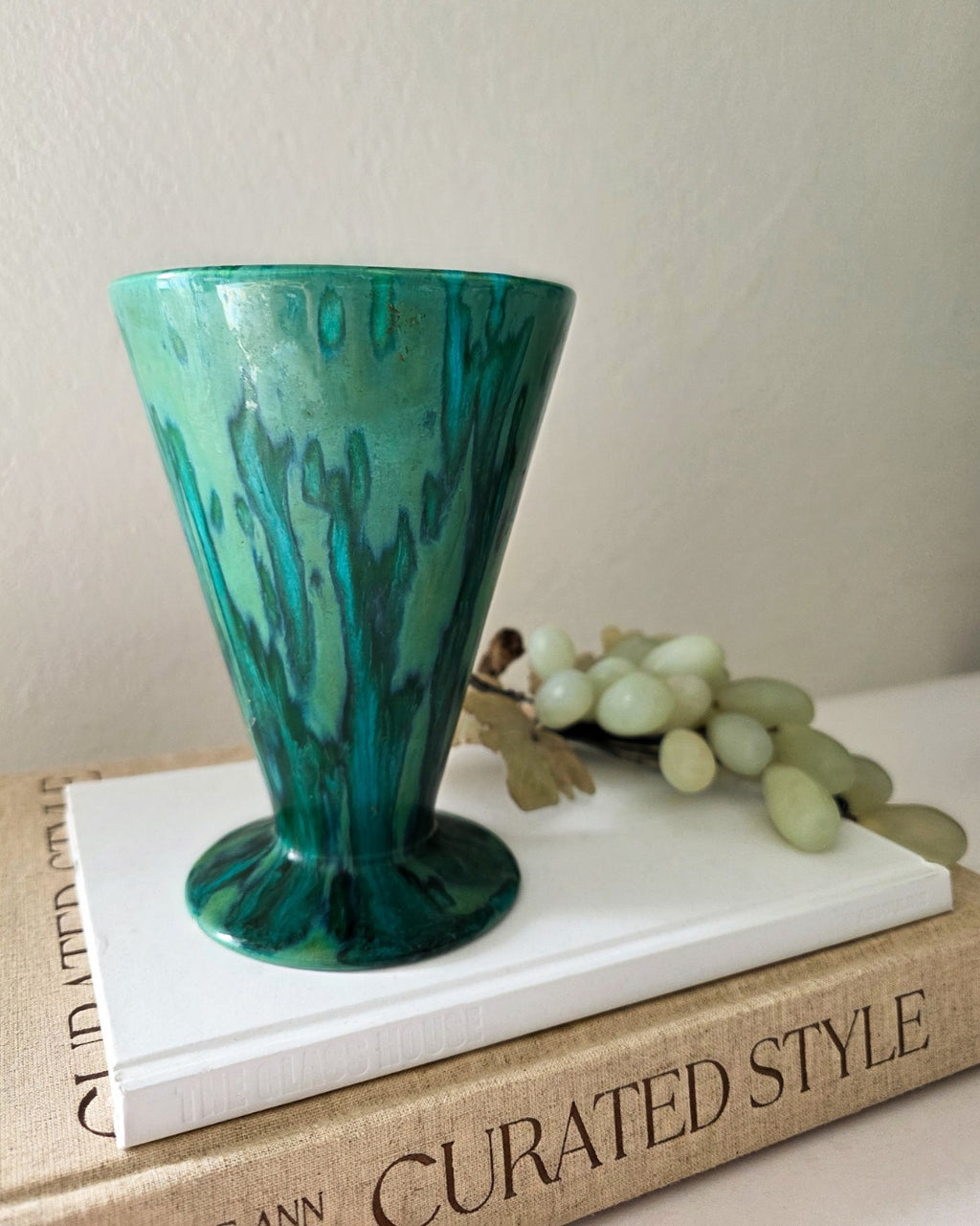 Vintage Green & Teal Ceramic Conical Vase