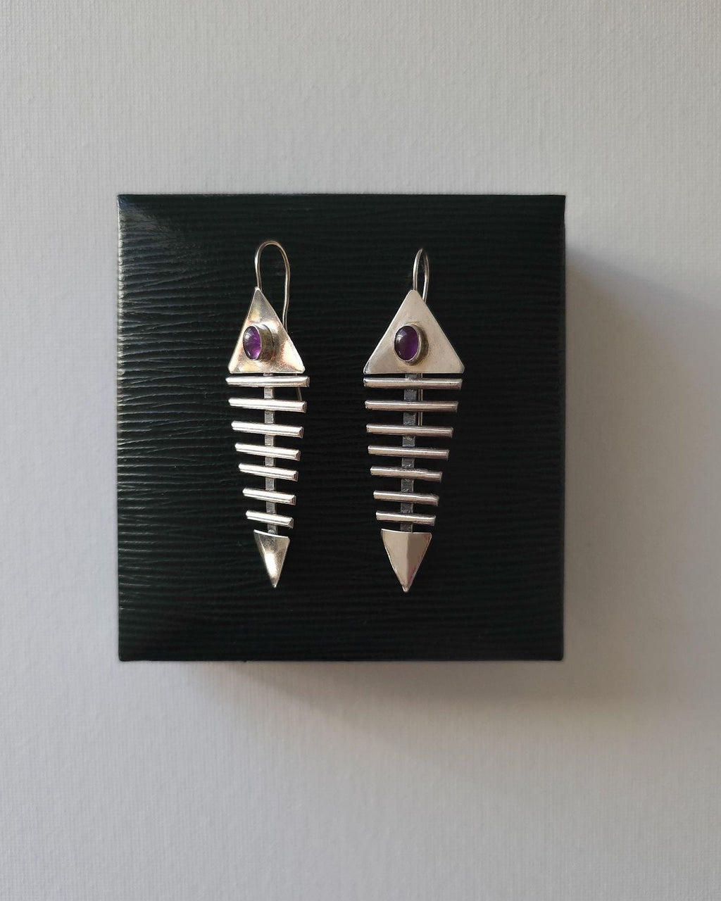 Handmade Sterling Silver & Amethyst Fish Bone Earrings