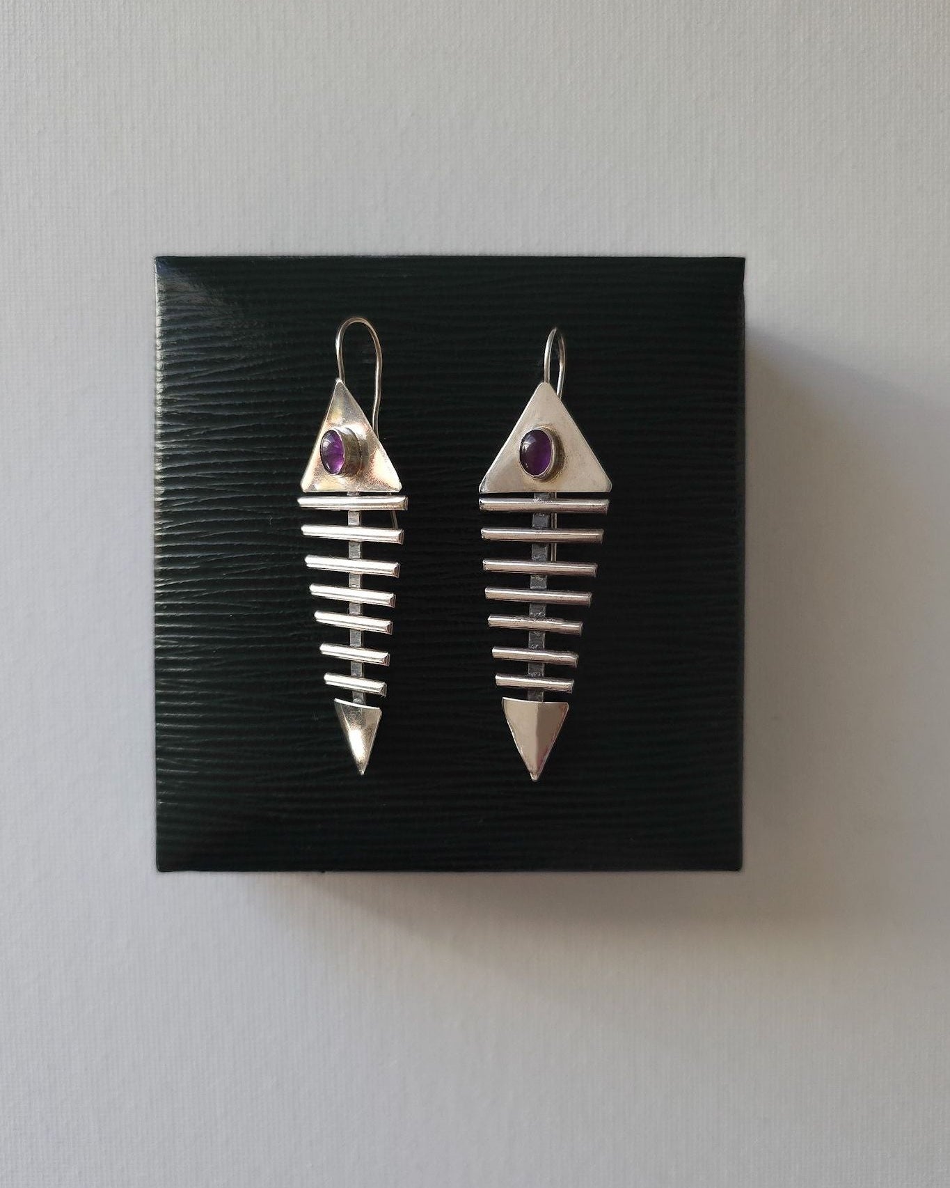 Handmade Sterling Silver & Amethyst Fish Bone Earrings