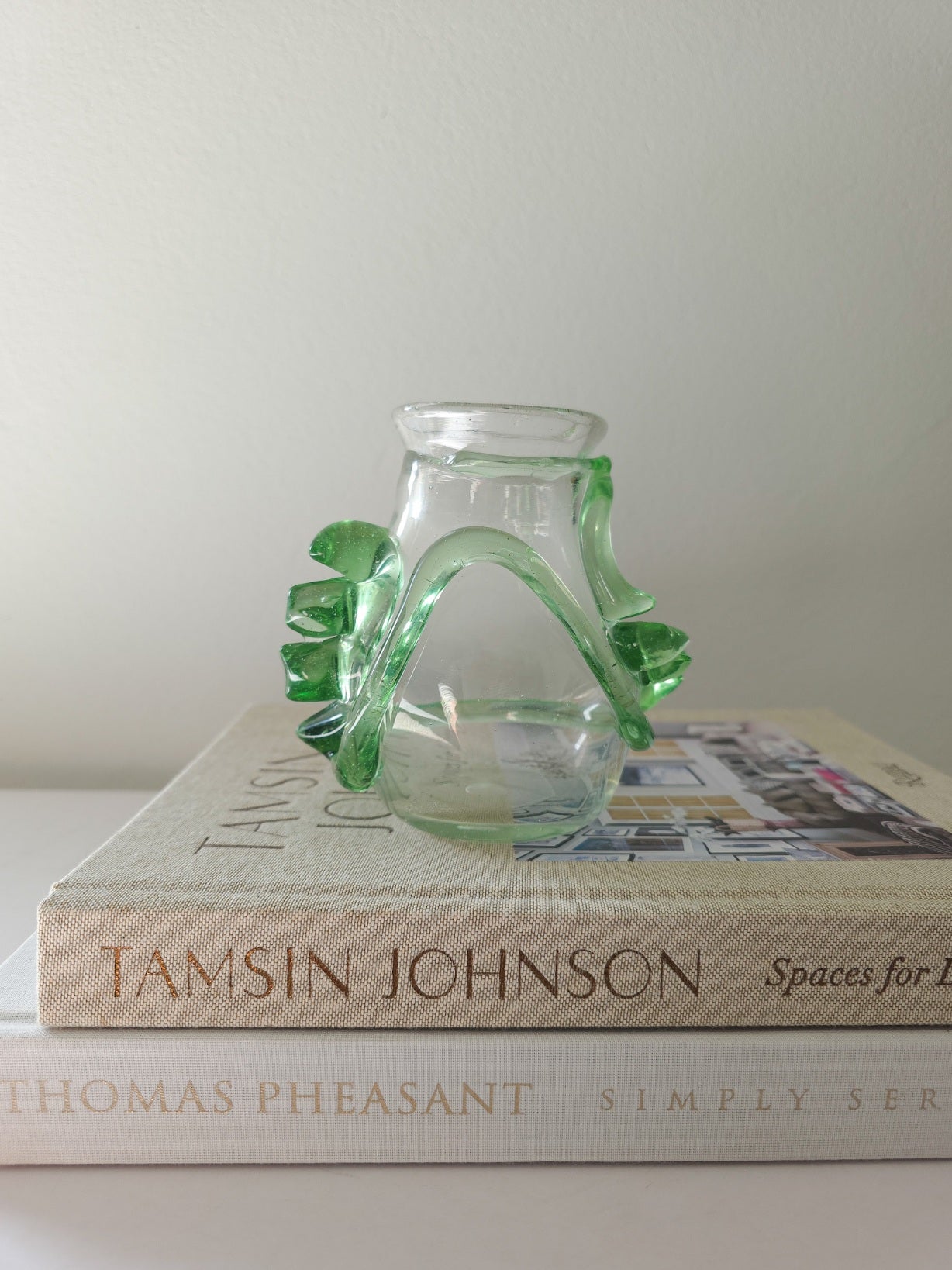Unique Vintage Glass Vase with Applied Green Glass Details