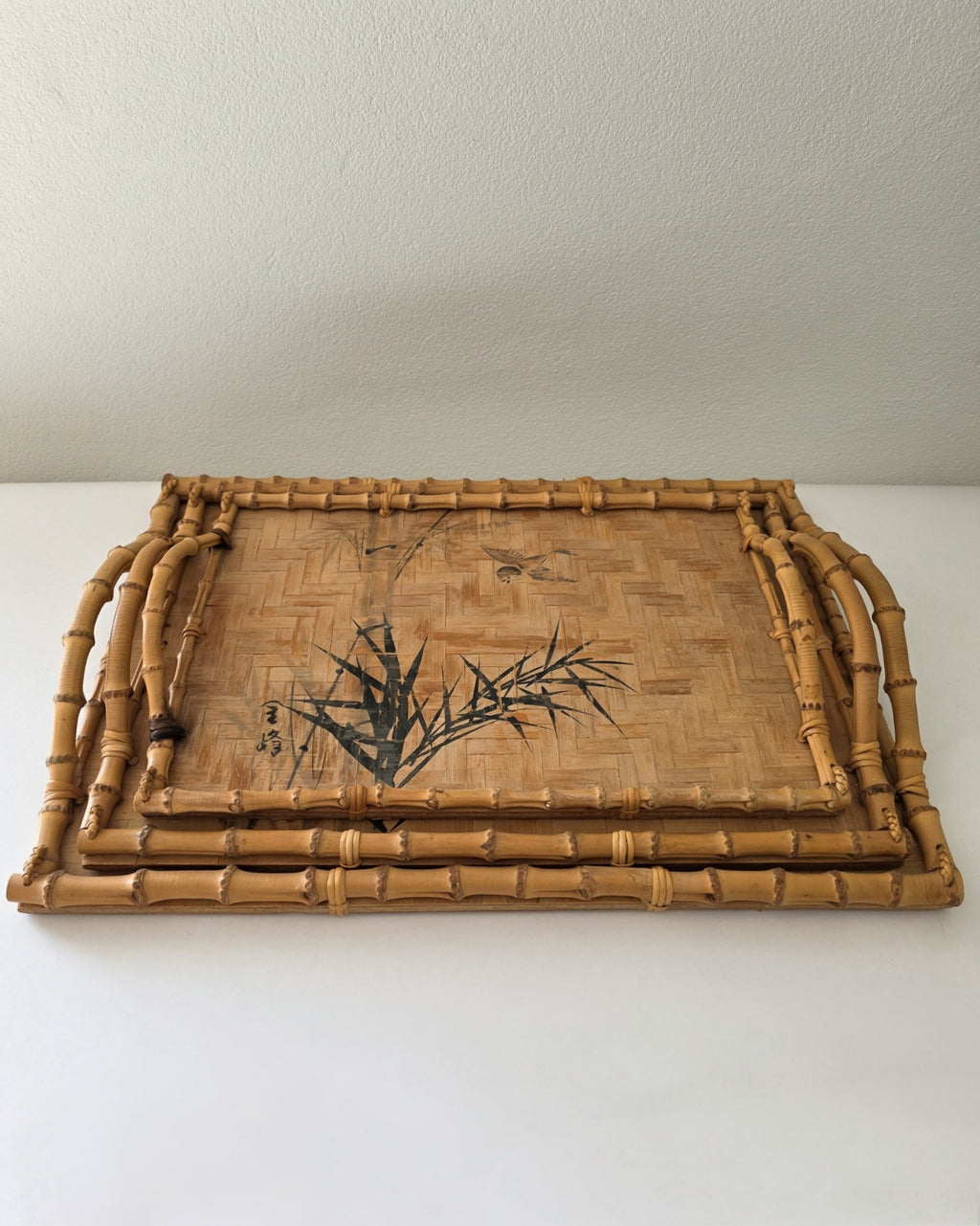 Set of Three Vintage Japanese Bamboo Serving Trays