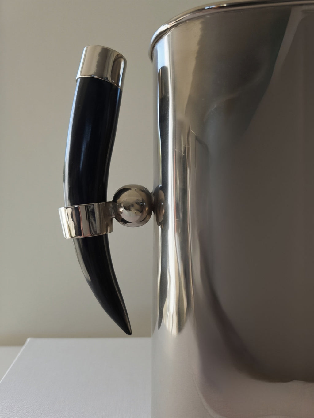 Large Silver Water Pitcher with Horn Handle & Ball Detail