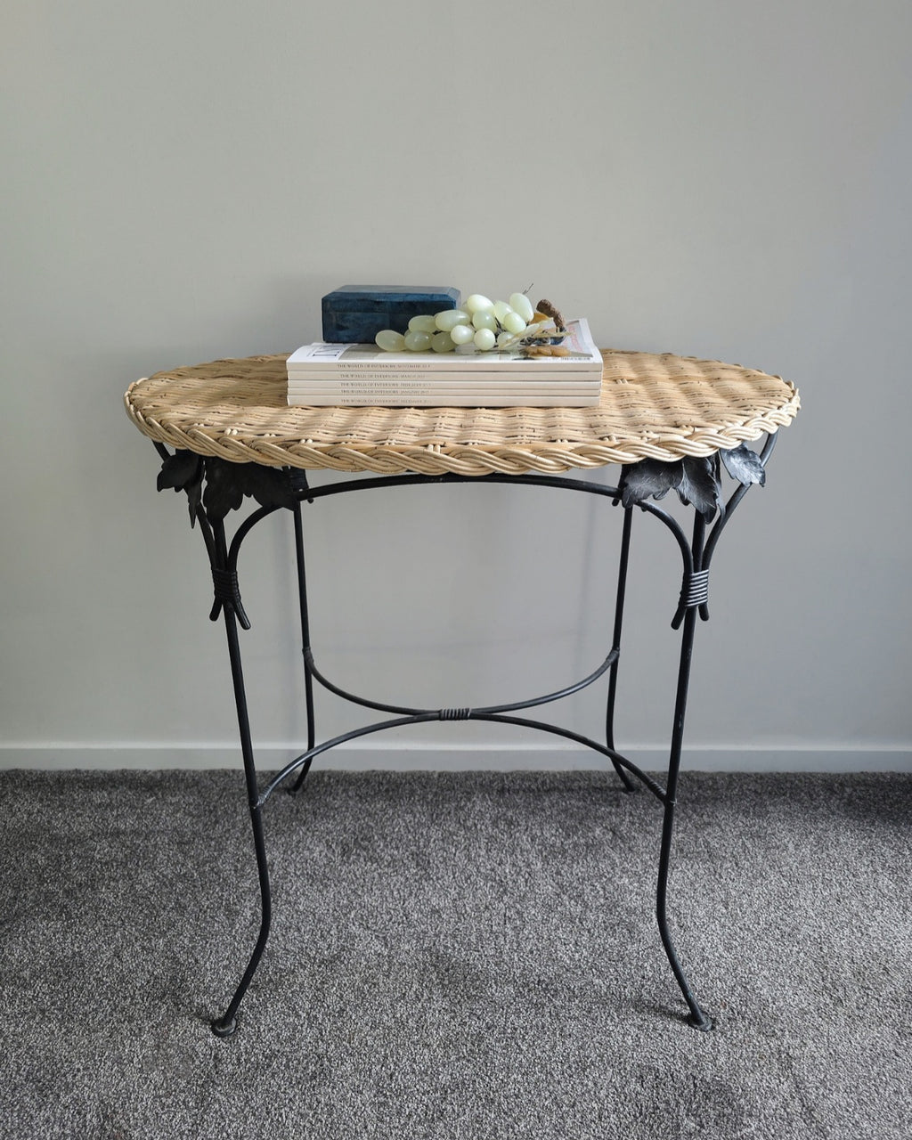 Wrought Iron and Rattan French Side Table