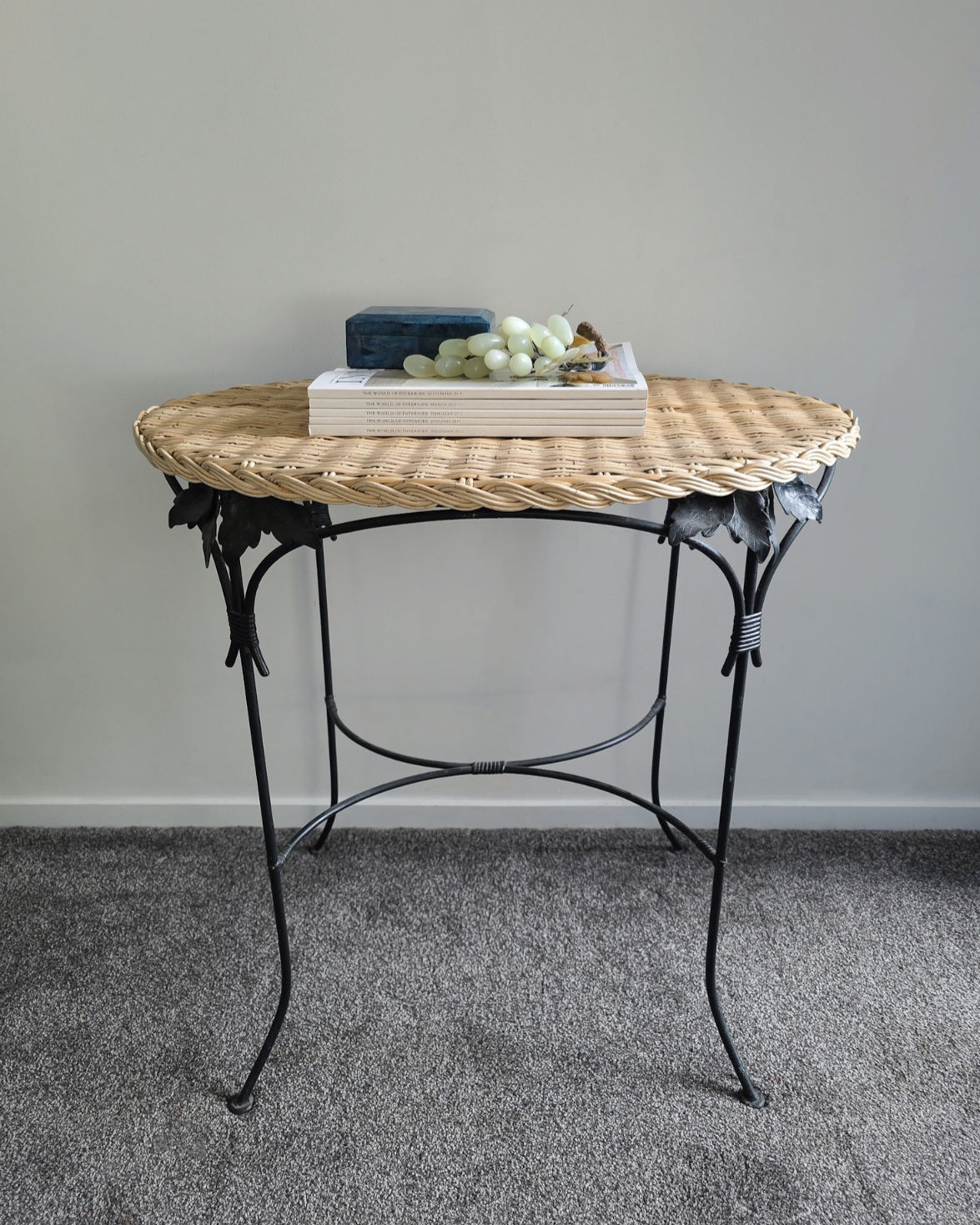 Wrought Iron and Rattan French Side Table