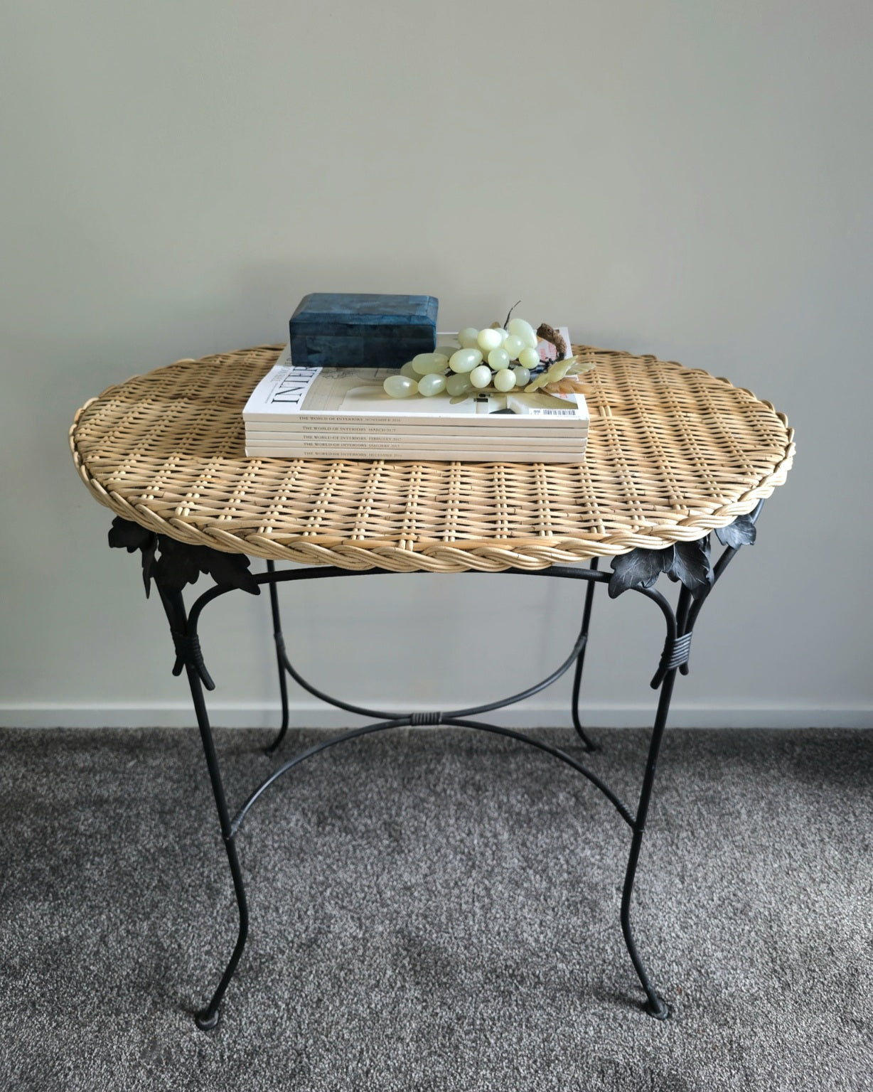 Wrought Iron and Rattan French Side Table