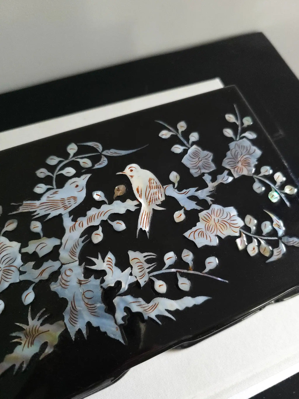 Vintage Black Lacquer Jewellery Box with Mother of Pearl Inlay